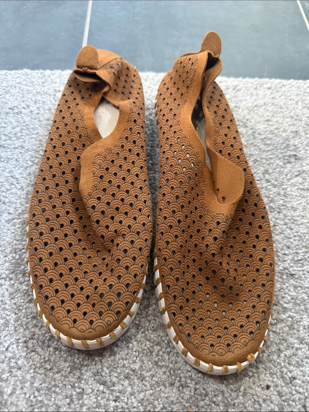 Ilse Jacobsen Perforated Suede Moccasin Flats in Tan